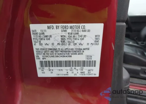 2012 Ford Escape Limited z USA, uszkodzony, nr VIN 1FMCU9EG6CKB64398